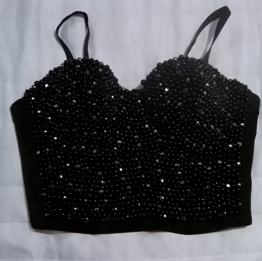 Black Rhinestone Embellished Fabric